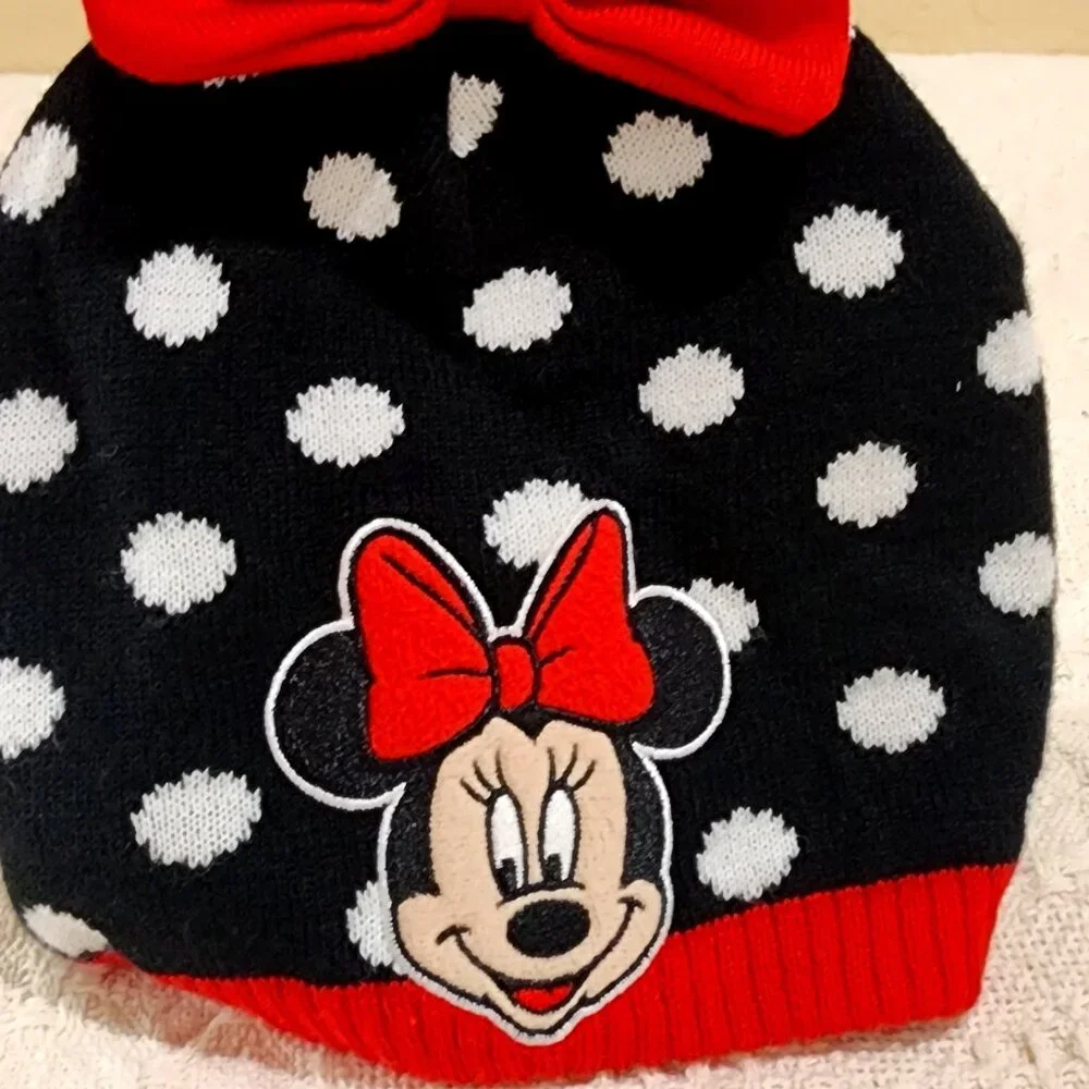 Girls Minnie Mouse Beanie Hat Embroidered Polka Dots Red Black White Bow Disney